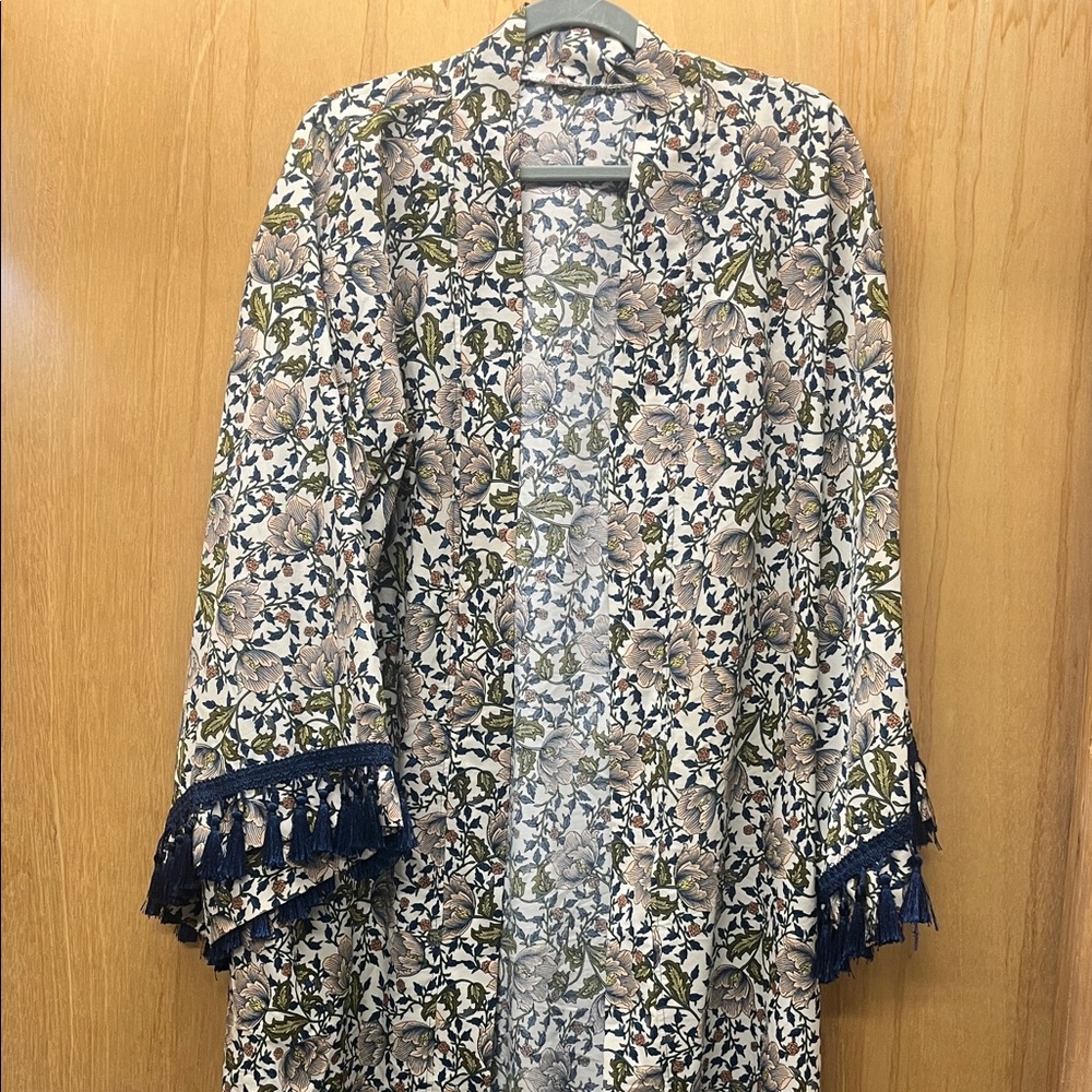 Floral Kimono with Fringe Trim